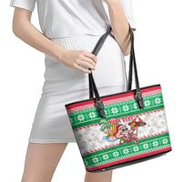 Custom Hawaii Mele Kalikimaka Leather Tote Bag Aloha Santa and Palm Tree Mix Kakau Pattern LT03 - Polynesian Pride