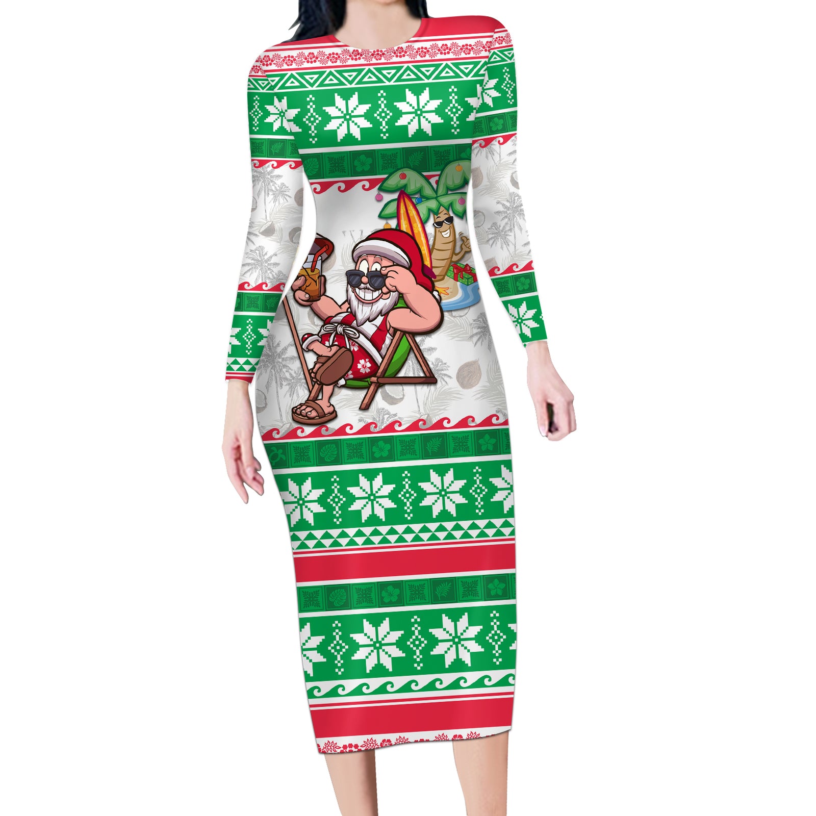 Custom Hawaii Mele Kalikimaka Long Sleeve Bodycon Dress Aloha Santa and Palm Tree Mix Kakau Pattern LT03 Long Dress Green - Polynesian Pride