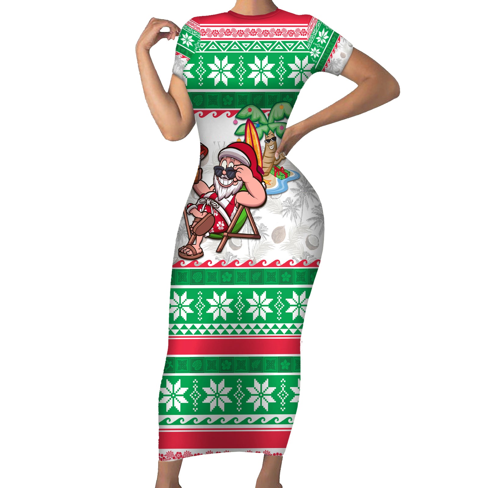Custom Hawaii Mele Kalikimaka Short Sleeve Bodycon Dress Aloha Santa and Palm Tree Mix Kakau Pattern LT03 Long Dress Green - Polynesian Pride