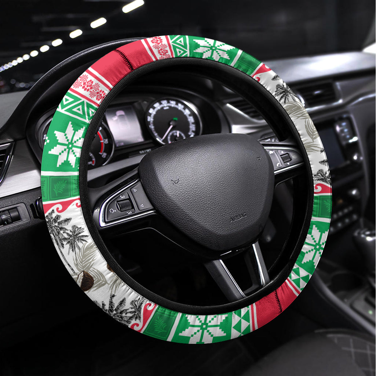 Custom Hawaii Mele Kalikimaka Steering Wheel Cover Aloha Santa and Palm Tree Mix Kakau Pattern