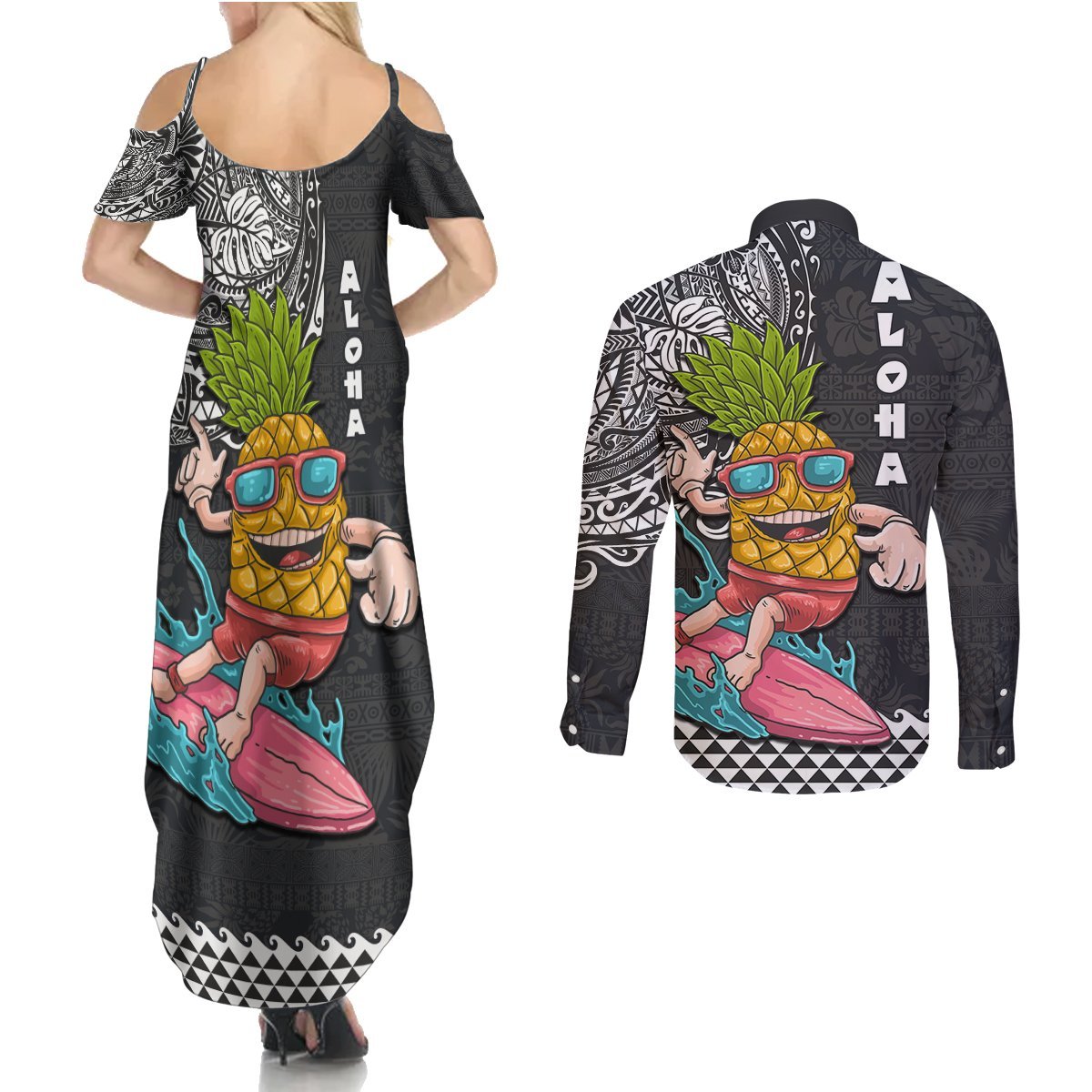 Hawaii Pineapple Surfing With Kakau Tribal Couples Matching Summer Maxi Dress and Long Sleeve Button Shirt LT03 - Polynesian Pride