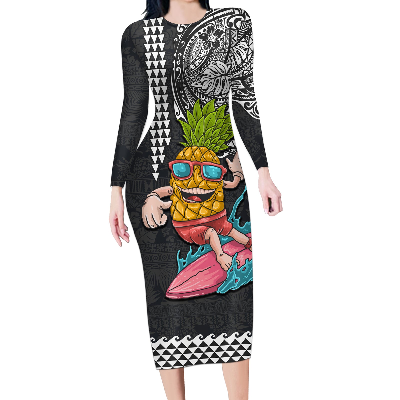 Hawaii Pineapple Surfing Kakau Tribal Personalised Long Sleeve Bodycon Dress LT03 Long Dress Brown - Polynesian Pride