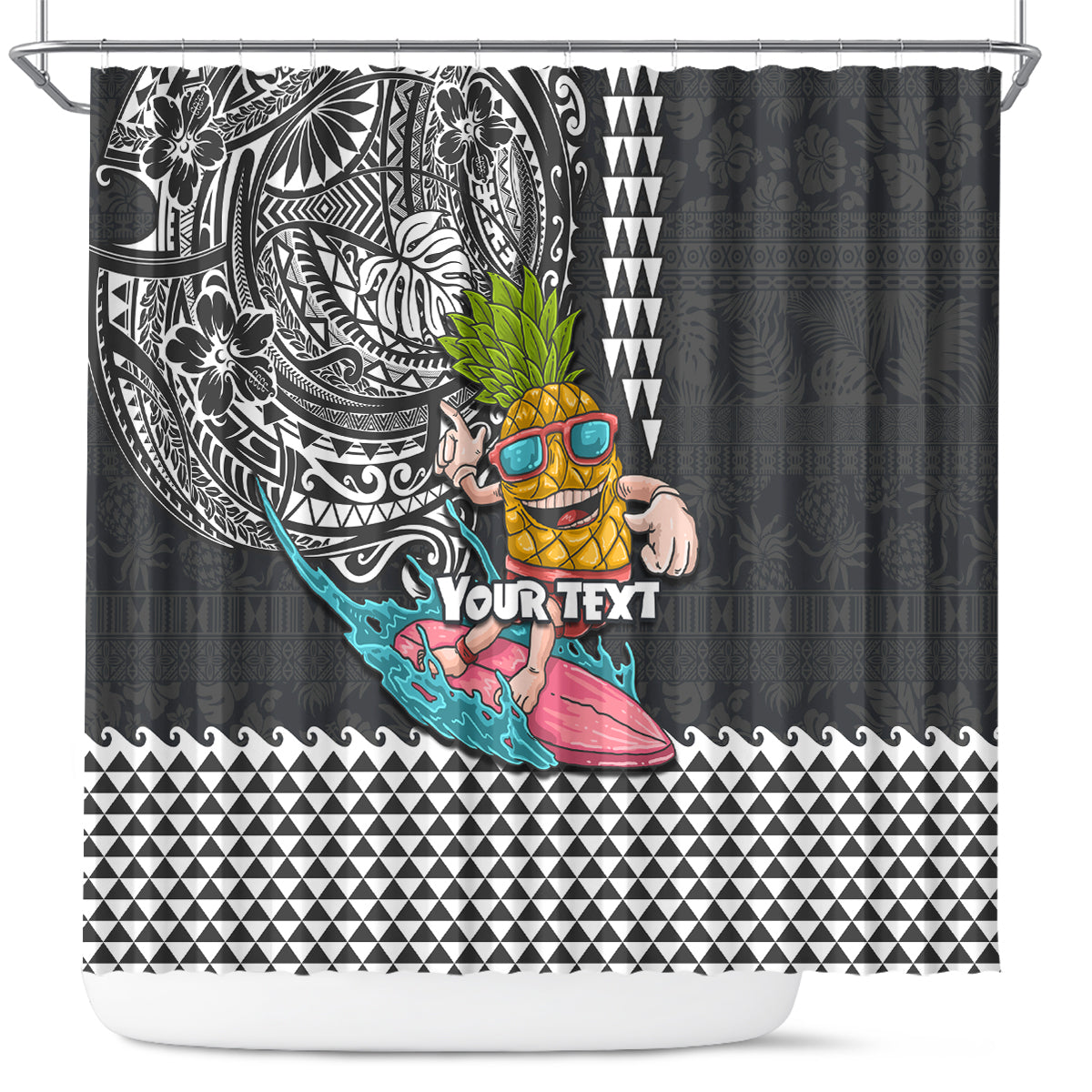 Hawaii Pineapple Surfing Kakau Tribal Personalised Shower Curtain LT03 Brown - Polynesian Pride