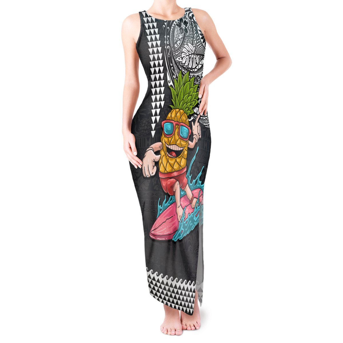 Hawaii Pineapple Surfing Kakau Tribal Personalised Tank Maxi Dress LT03 Women Brown - Polynesian Pride