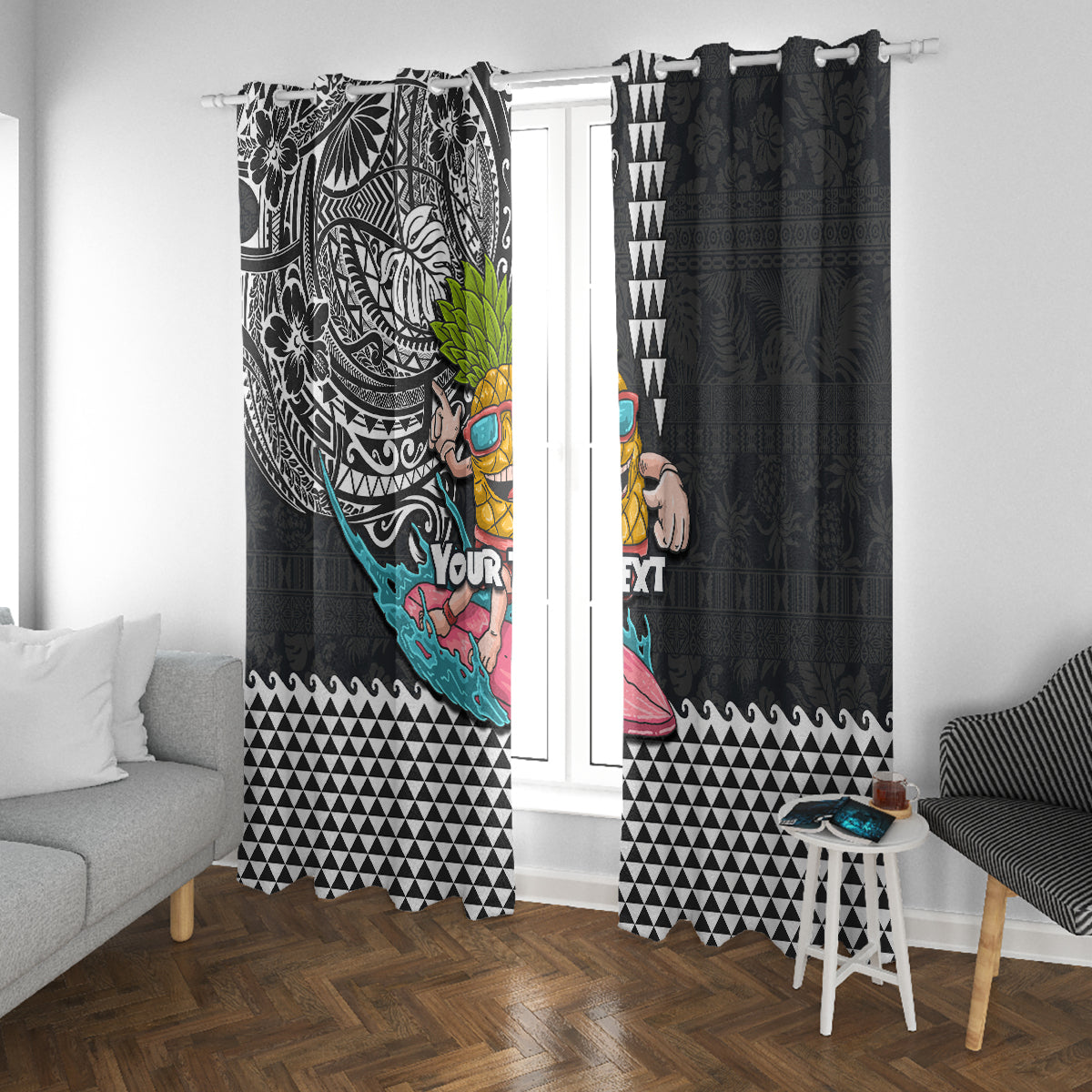Hawaii Pineapple Surfing Kakau Tribal Personalised Window Curtain LT03 With Grommets Brown - Polynesian Pride