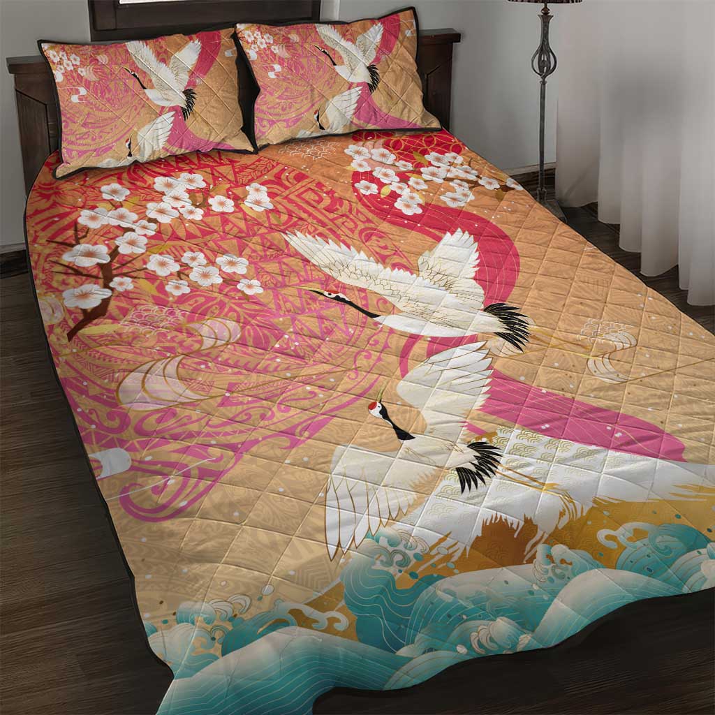 Hawaiian and Japanese Culture Together Quilt Bed Set Kakau Art Tattoo with Cranes and Sakura Spring Vibe LT03 Multicolor - Polynesian Pride