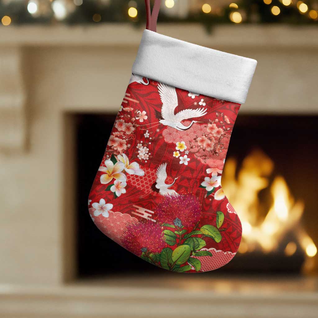 Hawaiian and Japanese Culture Together Christmas Stocking Red Ohia Lehua Plumeria and Sakura Blooming LT03 Set of 2 Red - Polynesian Pride