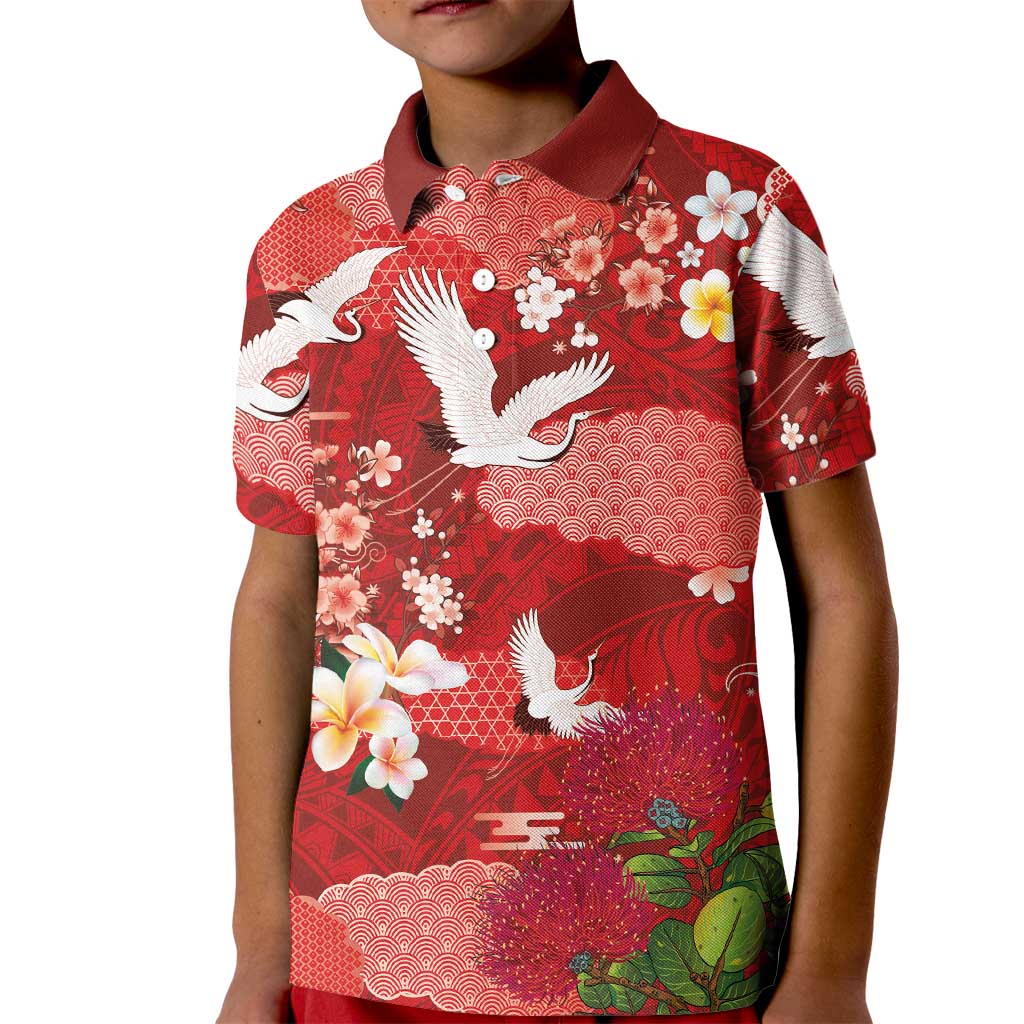 Hawaiian and Japanese Culture Together Kid Polo Shirt Red Ohia Lehua Plumeria and Sakura Blooming LT03 Kid Red - Polynesian Pride