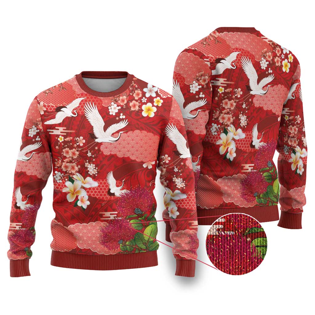 Hawaiian and Japanese Culture Together Ugly Christmas Sweater Red Ohia Lehua Plumeria and Sakura Blooming LT03 Red - Polynesian Pride