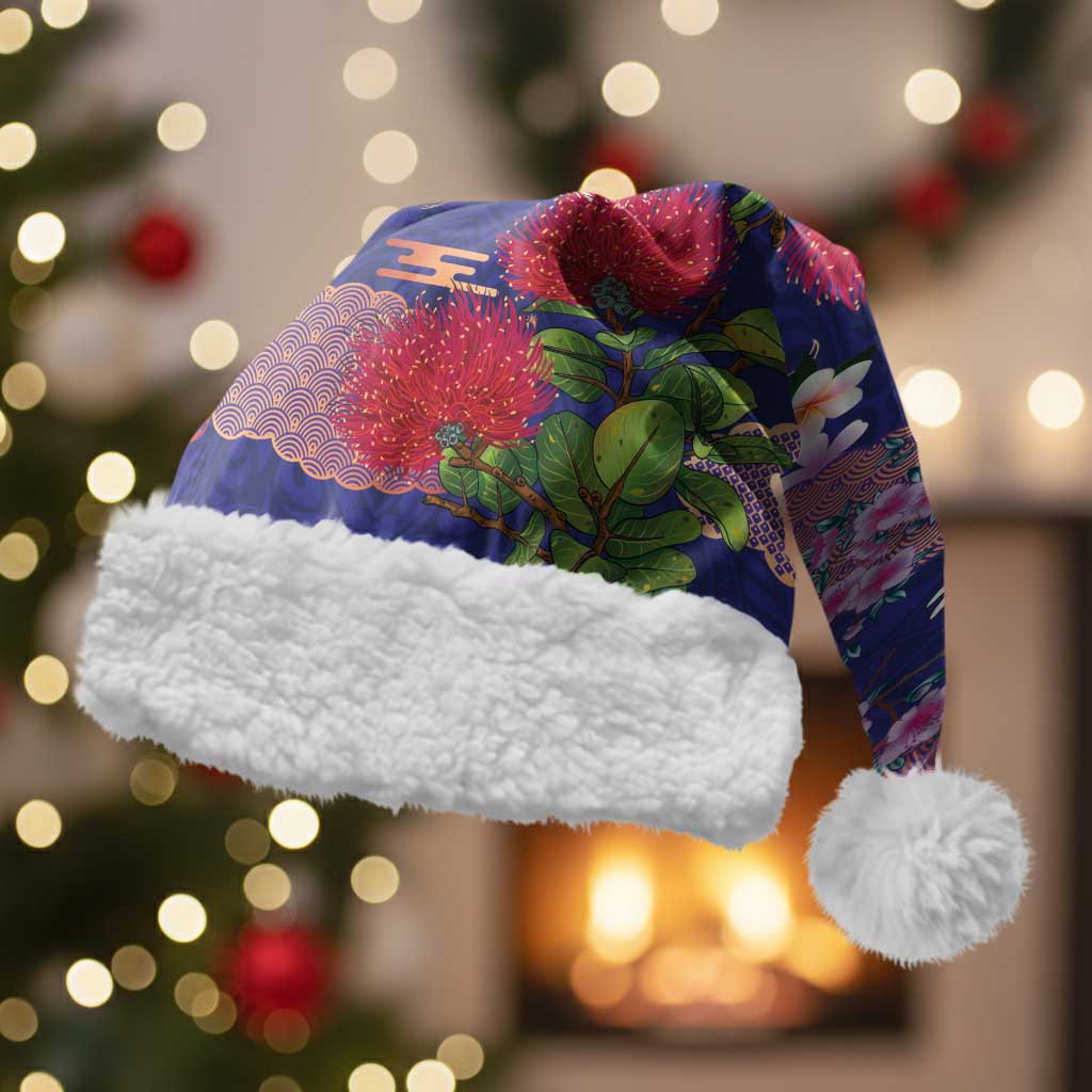 Hawaiian and Japanese Culture Together Christmas Santa Hat Blue Ohia Lehua Plumeria and Sakura Blooming LT03 With Fur Blue - Polynesian Pride
