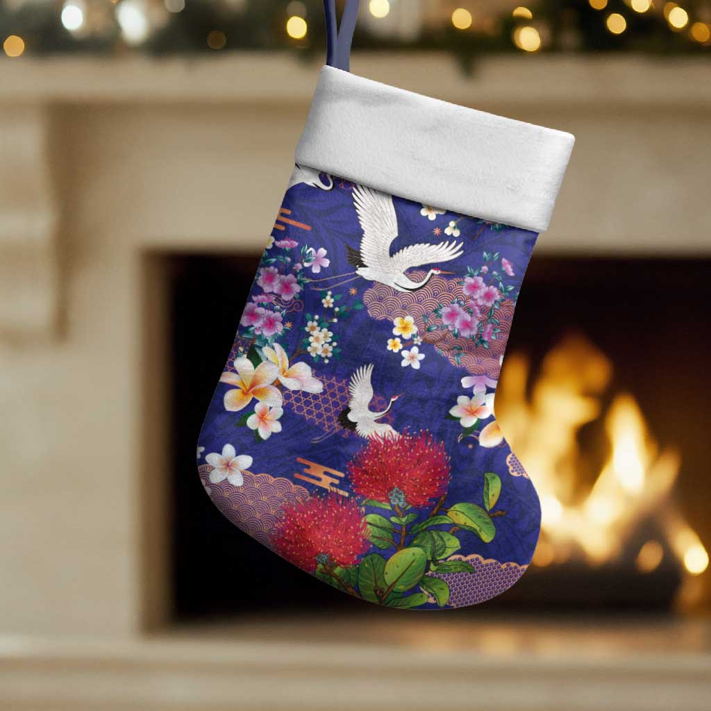 Hawaiian and Japanese Culture Together Christmas Stocking Blue Ohia Lehua Plumeria and Sakura Blooming LT03 Set of 2 Blue - Polynesian Pride