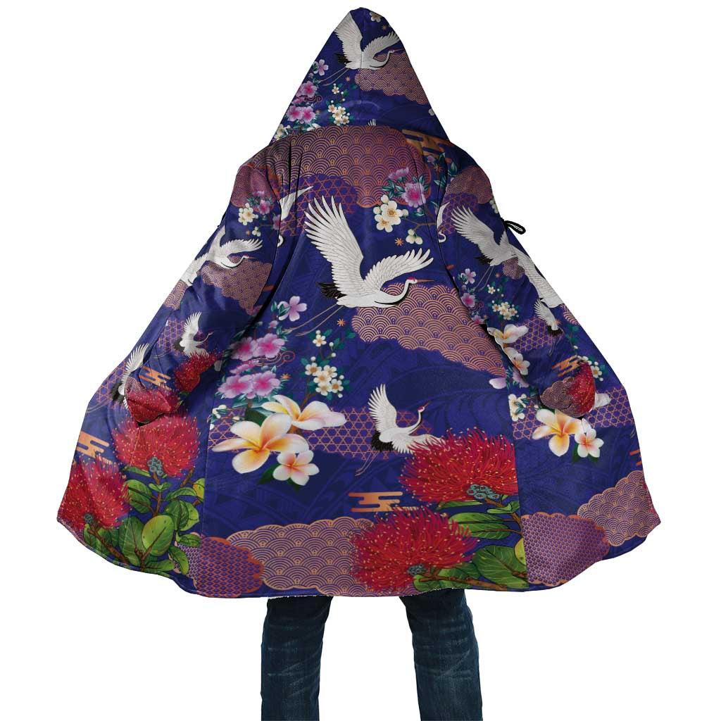 Hawaiian and Japanese Culture Together Cloak Blue Ohia Lehua Plumeria and Sakura Blooming LT03 Unisex Blue - Polynesian Pride