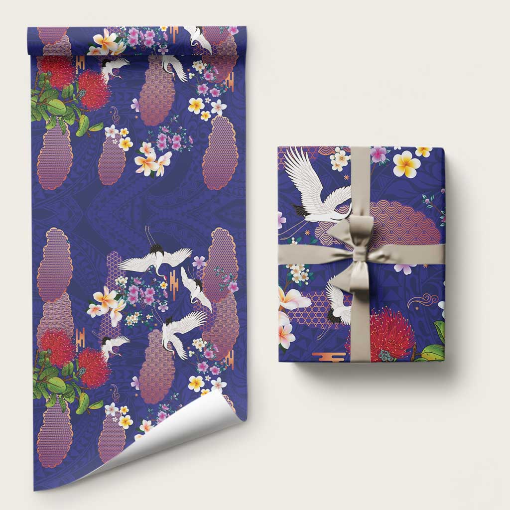 Hawaiian and Japanese Culture Together Wrapping Paper Blue Ohia Lehua Plumeria and Sakura Blooming LT03 58" × 23" Blue - Polynesian Pride