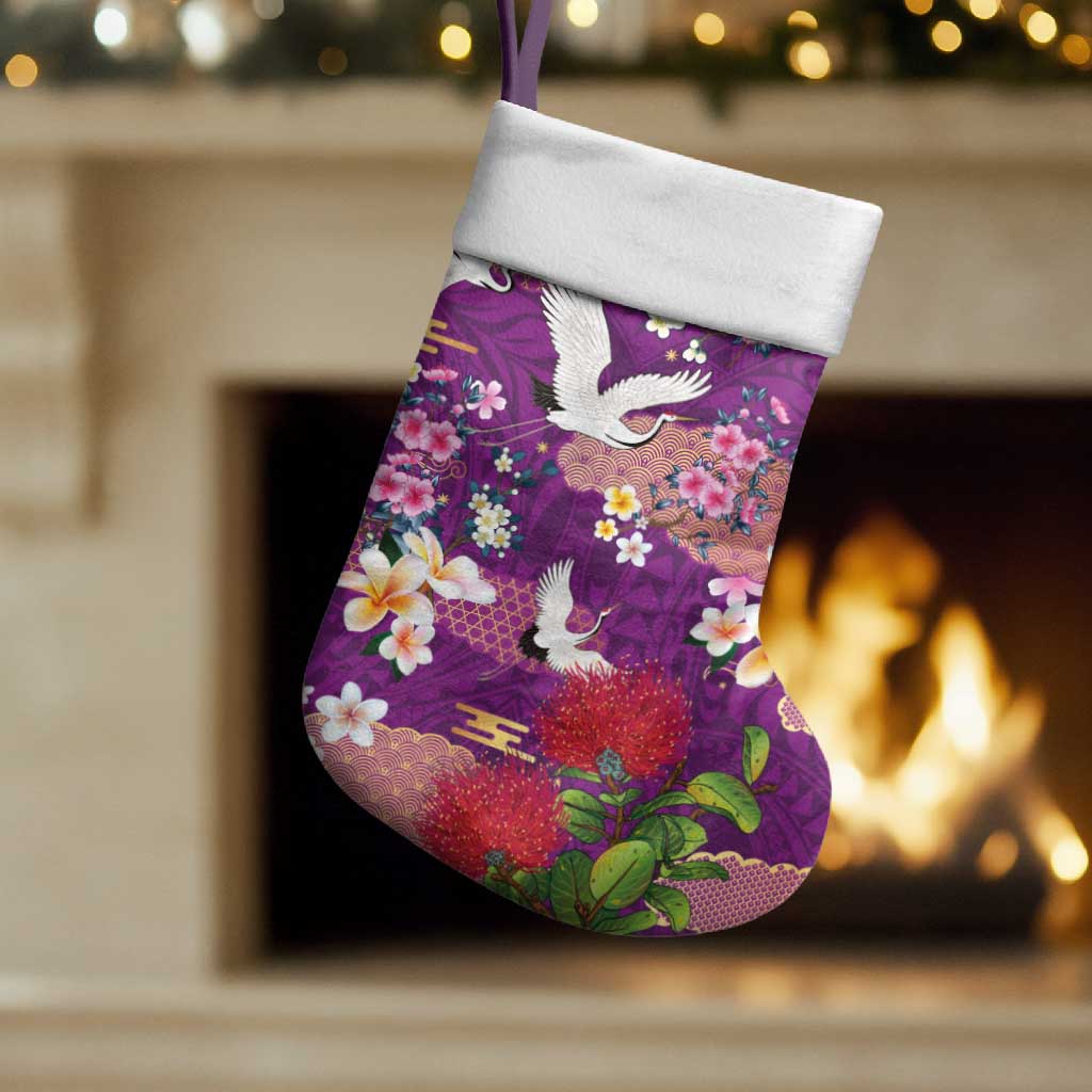Hawaiian and Japanese Culture Together Christmas Stocking Purple Ohia Lehua Plumeria and Sakura Blooming LT03 Set of 2 Purple - Polynesian Pride
