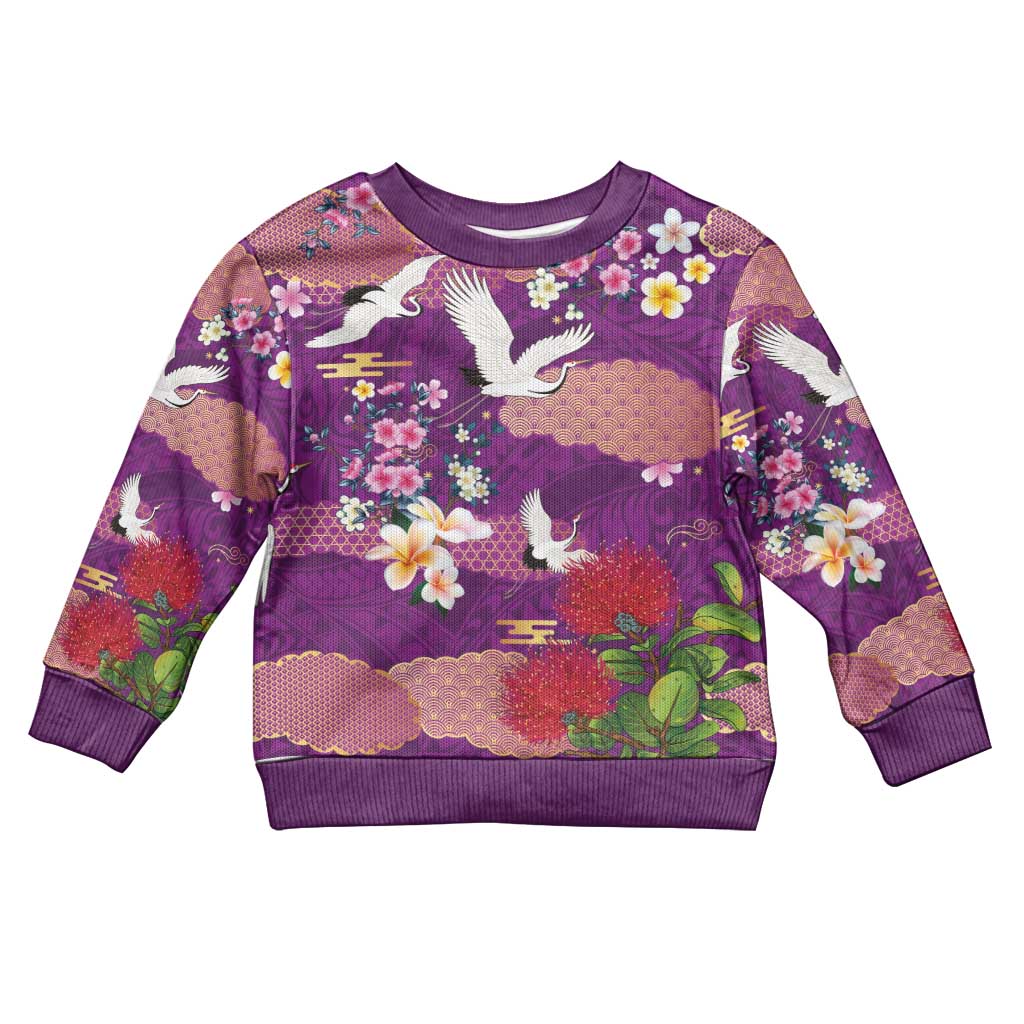 Hawaiian and Japanese Culture Together Kid Ugly Christmas Sweater Purple Ohia Lehua Plumeria and Sakura Blooming LT03 Kid Purple - Polynesian Pride