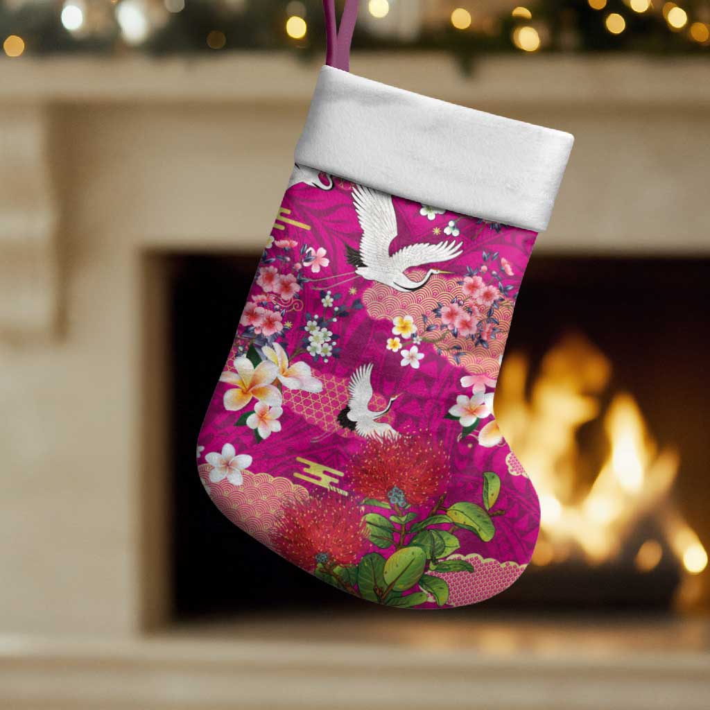 Hawaiian and Japanese Culture Together Christmas Stocking Pink Ohia Lehua Plumeria and Sakura Blooming LT03 Set of 2 Pink - Polynesian Pride