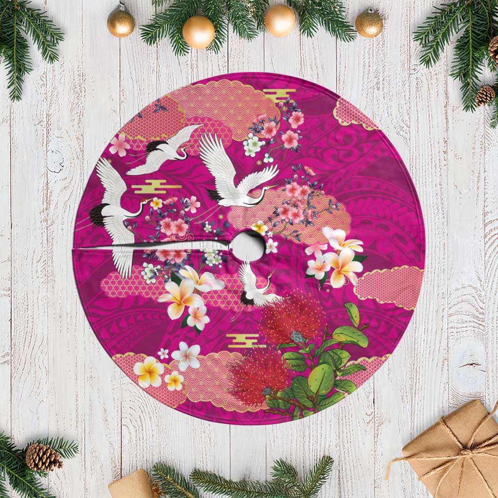 Hawaiian and Japanese Culture Together Tree Skirt Pink Ohia Lehua Plumeria and Sakura Blooming LT03 Casual Pink - Polynesian Pride