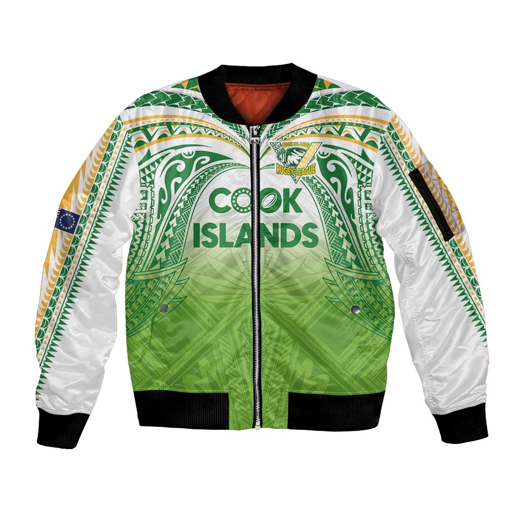 Custom Cook Islands Rugby League Sleeve Zip Bomber Jacket Tatau Tribal Motifs-Light Green Color LT03 Unisex Green - Polynesian Pride