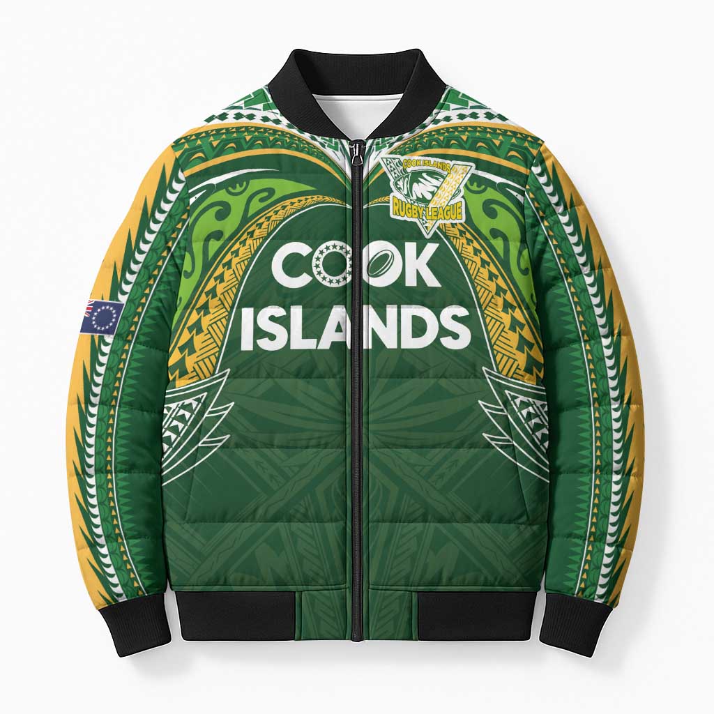 Custom Cook Islands Rugby League Bomber Puffer Jacket Tatau Tribal Motifs-Dark Green Color LT03 Unisex Green - Polynesian Pride