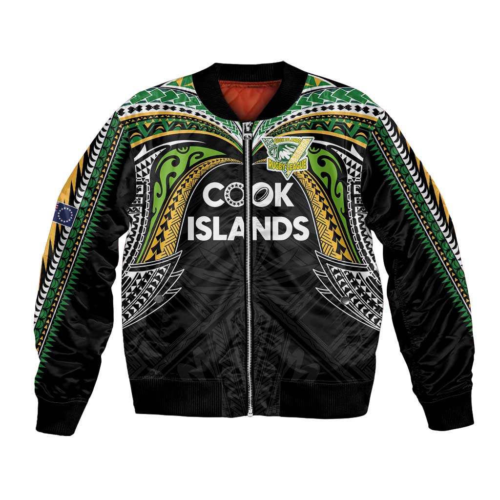 Custom Cook Islands Rugby League Bomber Jacket Tatau Tribal Motifs-Black Color LT03 Unisex Black - Polynesian Pride
