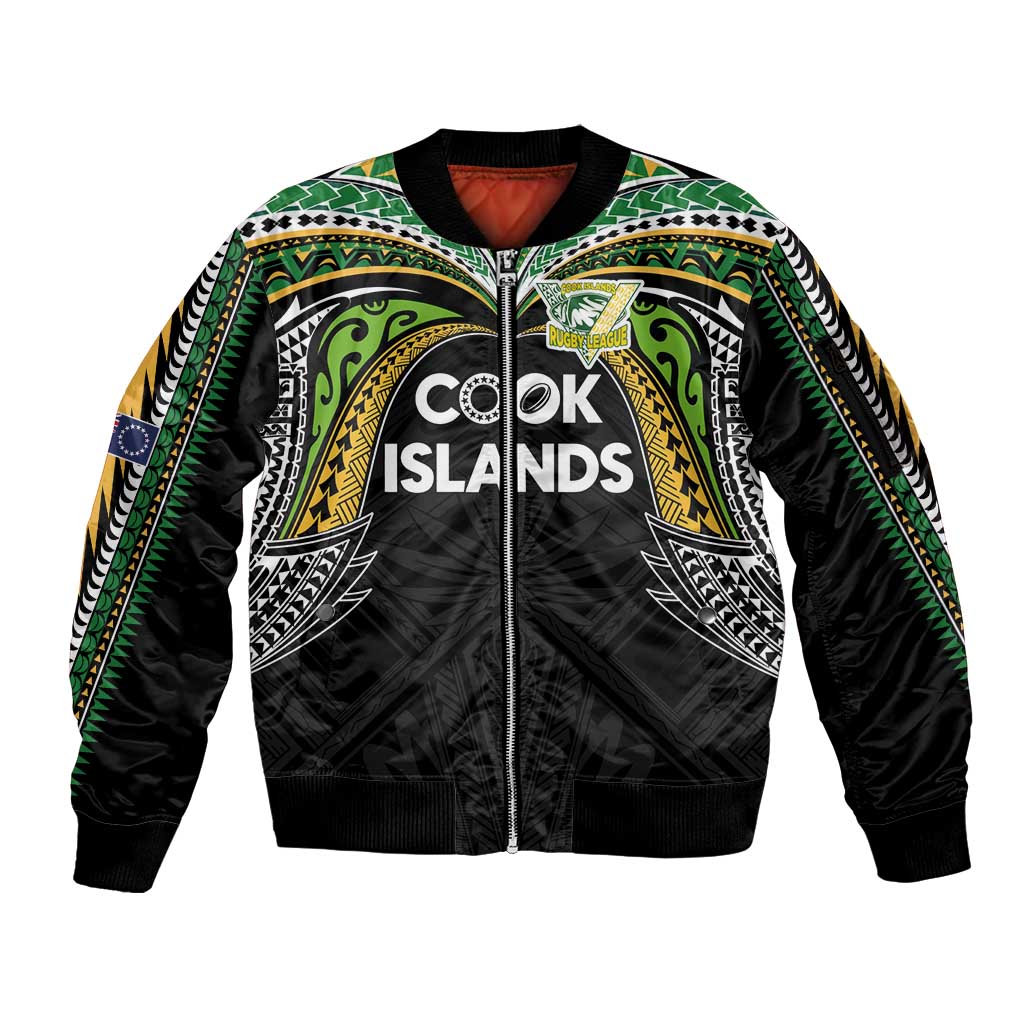 Custom Cook Islands Rugby League Sleeve Zip Bomber Jacket Tatau Tribal Motifs-Black Color LT03 Unisex Black - Polynesian Pride