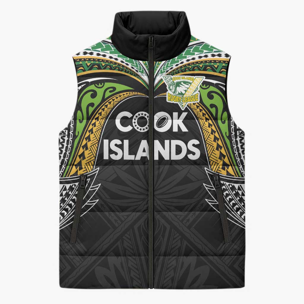 Custom Cook Islands Rugby League Sleeveless Puffer Jacket Tatau Tribal Motifs-Black Color LT03 Unisex Black - Polynesian Pride