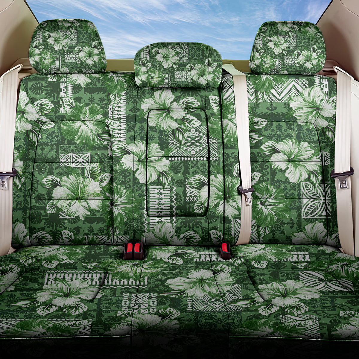 Hawaiian Quilt Pattern Back Car Seat Cover Hibiscus and Tribal Element Vintage Green Vibe LT03 One Size Green - Polynesian Pride