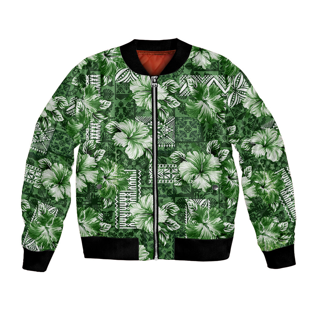 Hawaiian Quilt Pattern Bomber Jacket Hibiscus and Tribal Element Vintage Green Vibe LT03 Unisex Green - Polynesian Pride