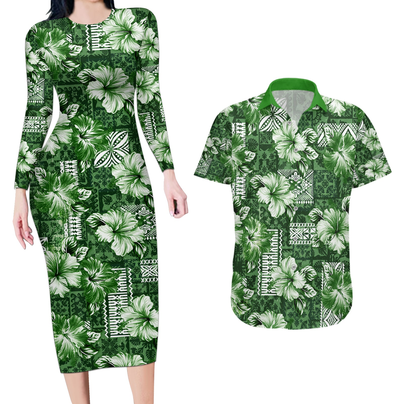 Hawaiian Quilt Pattern Couples Matching Long Sleeve Bodycon Dress and Hawaiian Shirt Hibiscus and Tribal Element Vintage Green Vibe LT03 Green - Polynesian Pride