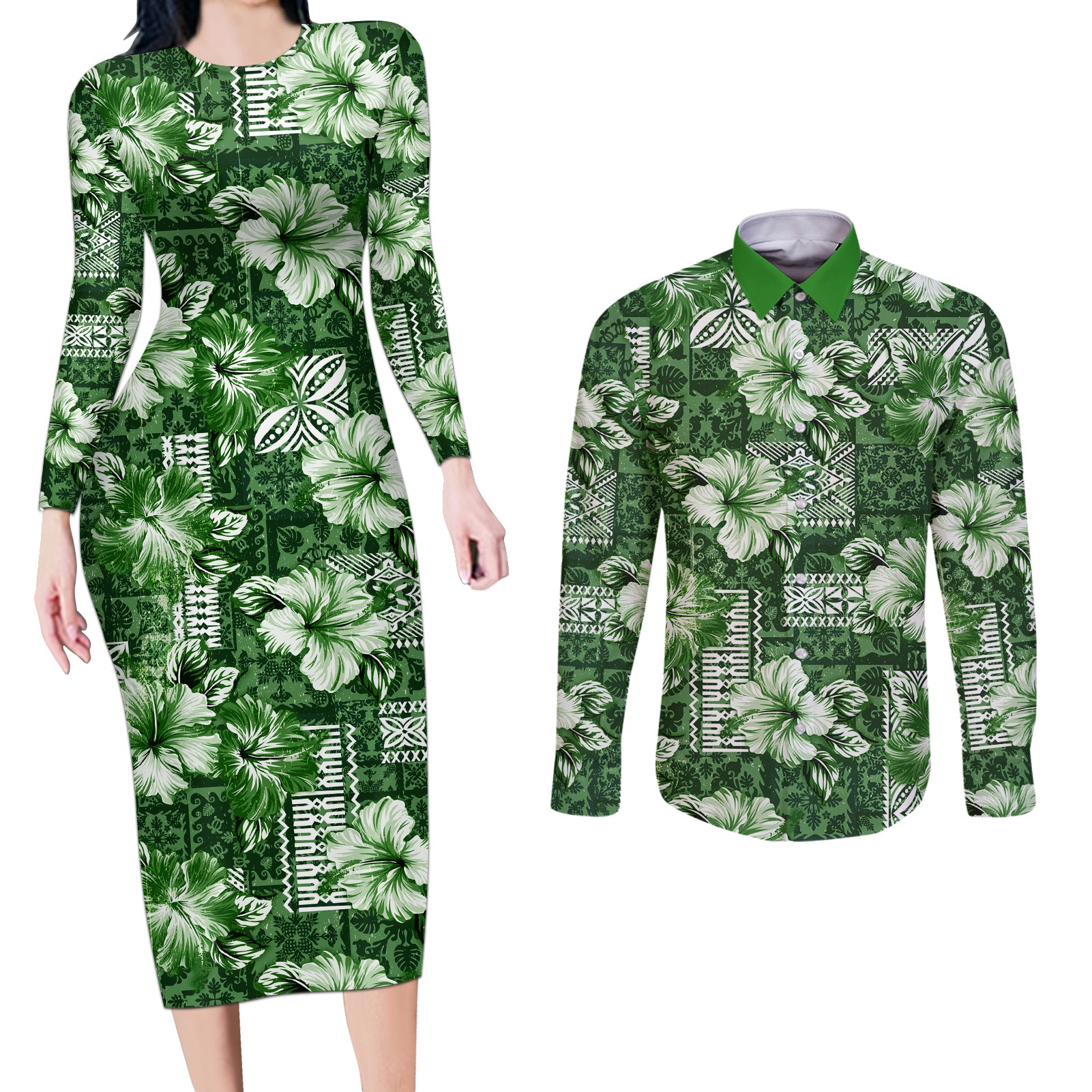 Hawaiian Quilt Pattern Couples Matching Long Sleeve Bodycon Dress and Long Sleeve Button Shirt Hibiscus and Tribal Element Vintage Green Vibe LT03 Green - Polynesian Pride