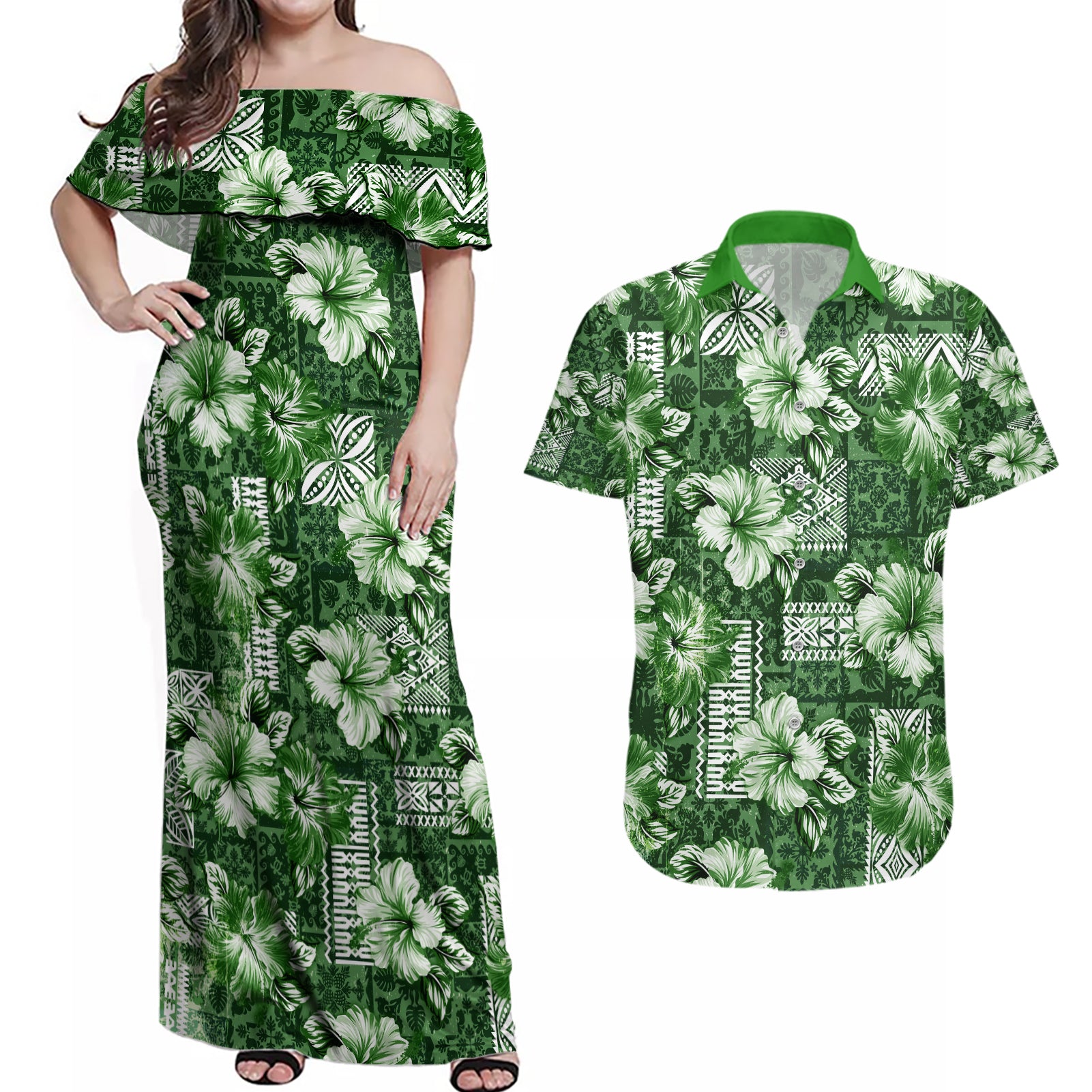 Hawaiian Quilt Pattern Couples Matching Off Shoulder Maxi Dress and Hawaiian Shirt Hibiscus and Tribal Element Vintage Green Vibe LT03 Green - Polynesian Pride