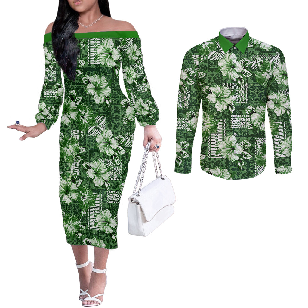 Hawaiian Quilt Pattern Couples Matching Off The Shoulder Long Sleeve Dress and Long Sleeve Button Shirt Hibiscus and Tribal Element Vintage Green Vibe LT03 Green - Polynesian Pride