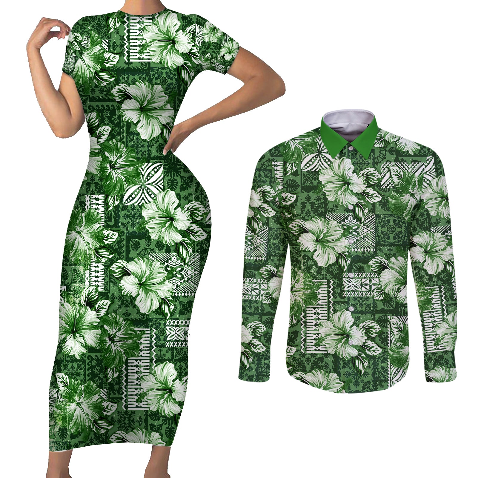 Hawaiian Quilt Pattern Couples Matching Short Sleeve Bodycon Dress and Long Sleeve Button Shirt Hibiscus and Tribal Element Vintage Green Vibe LT03 Green - Polynesian Pride