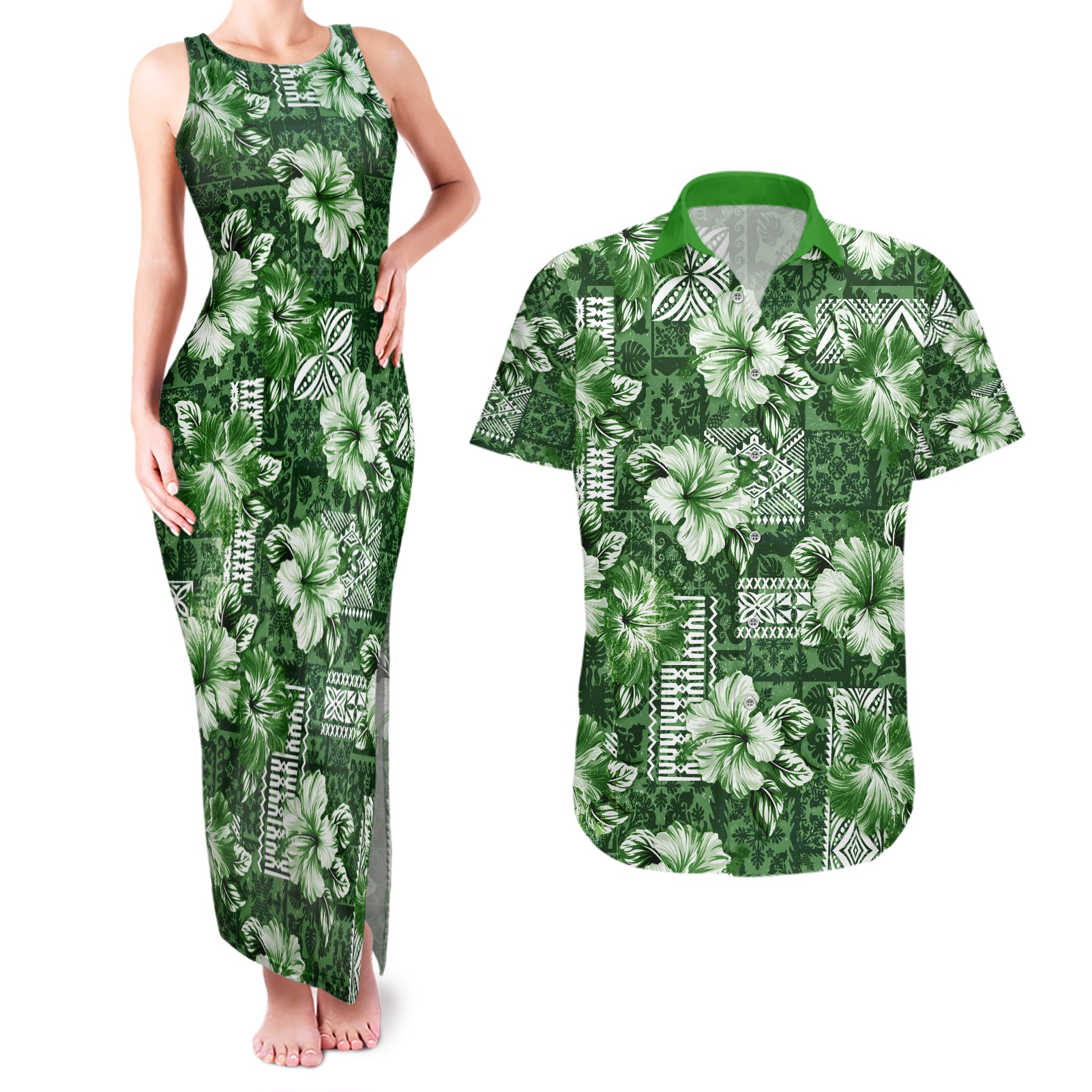 Hawaiian Quilt Pattern Couples Matching Tank Maxi Dress and Hawaiian Shirt Hibiscus and Tribal Element Vintage Green Vibe LT03 Green - Polynesian Pride