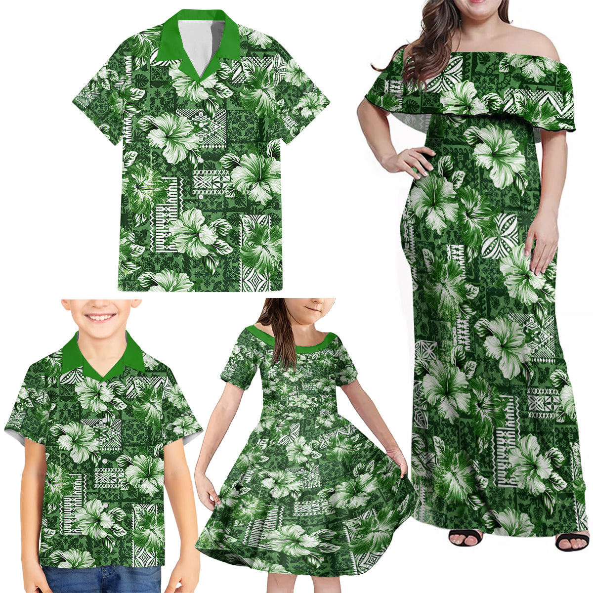 Hawaiian Quilt Pattern Family Matching Off Shoulder Maxi Dress and Hawaiian Shirt Hibiscus and Tribal Element Vintage Green Vibe LT03 - Polynesian Pride