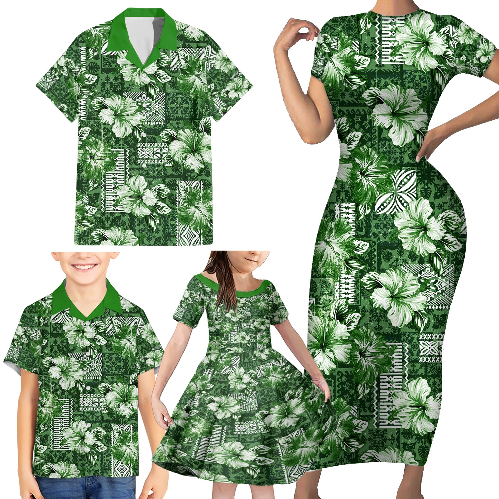 Hawaiian Quilt Pattern Family Matching Short Sleeve Bodycon Dress and Hawaiian Shirt Hibiscus and Tribal Element Vintage Green Vibe LT03 - Polynesian Pride