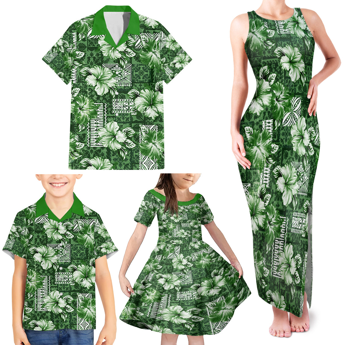 Hawaiian Quilt Pattern Family Matching Tank Maxi Dress and Hawaiian Shirt Hibiscus and Tribal Element Vintage Green Vibe LT03 - Polynesian Pride