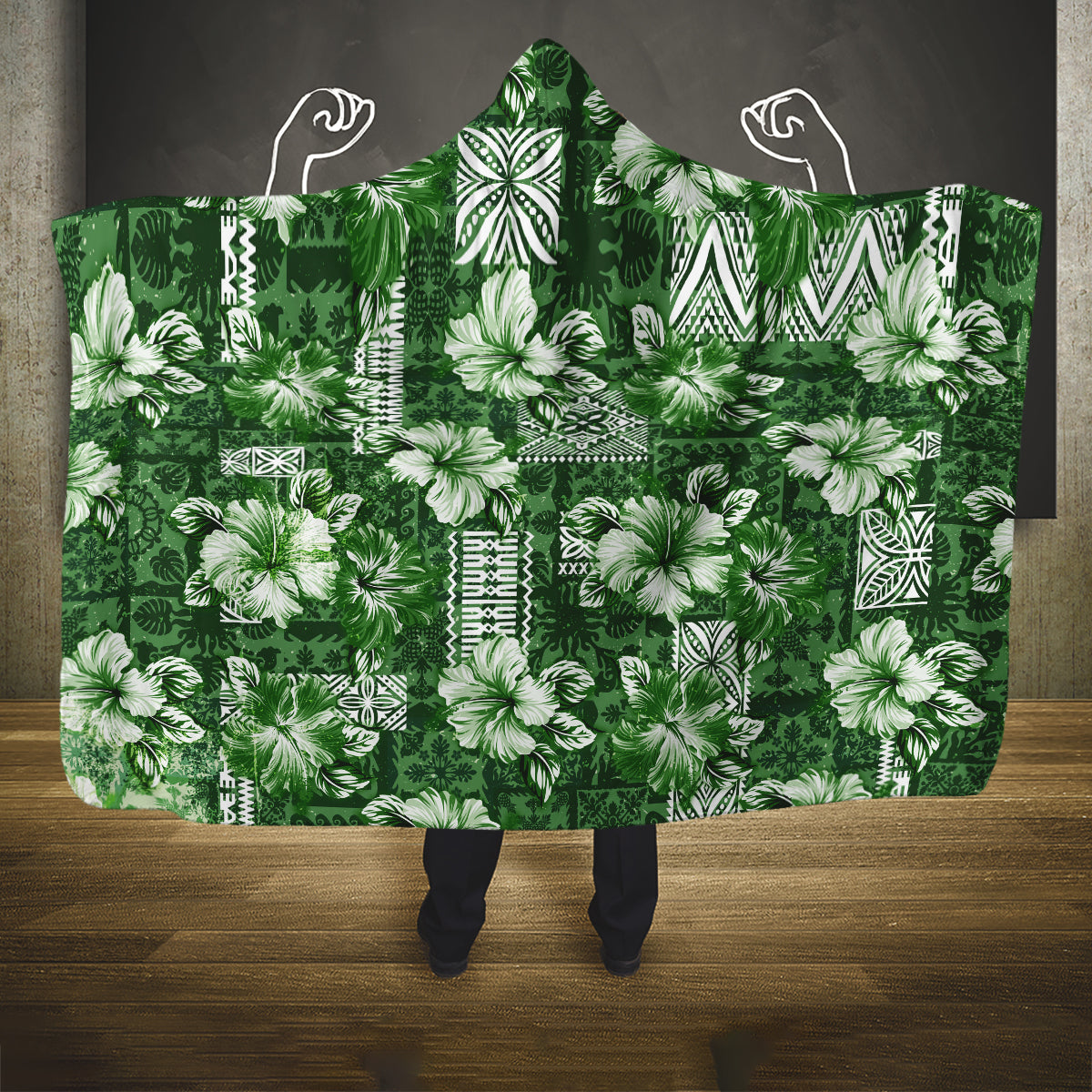 Hawaiian Quilt Pattern Hooded Blanket Hibiscus and Tribal Element Vintage Green Vibe LT03 One Size Green - Polynesian Pride