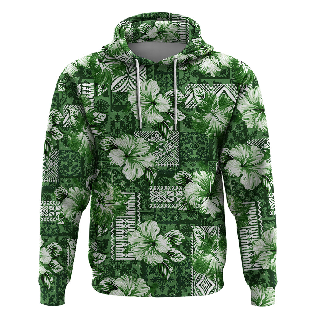 Hawaiian Quilt Pattern Hoodie Hibiscus and Tribal Element Vintage Green Vibe LT03 Pullover Hoodie Green - Polynesian Pride