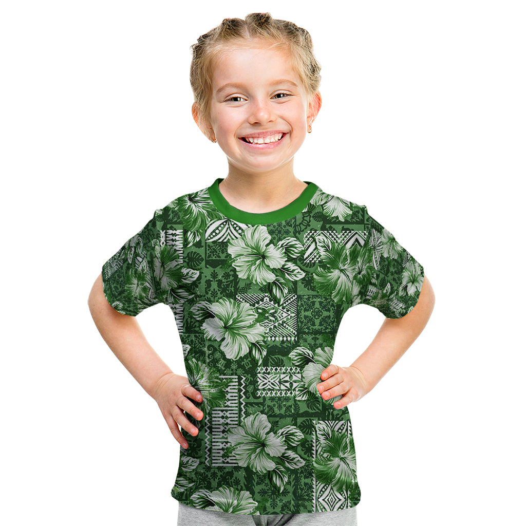 Hawaiian Quilt Pattern Kid T Shirt Hibiscus and Tribal Element Vintage Green Vibe LT03 Green - Polynesian Pride