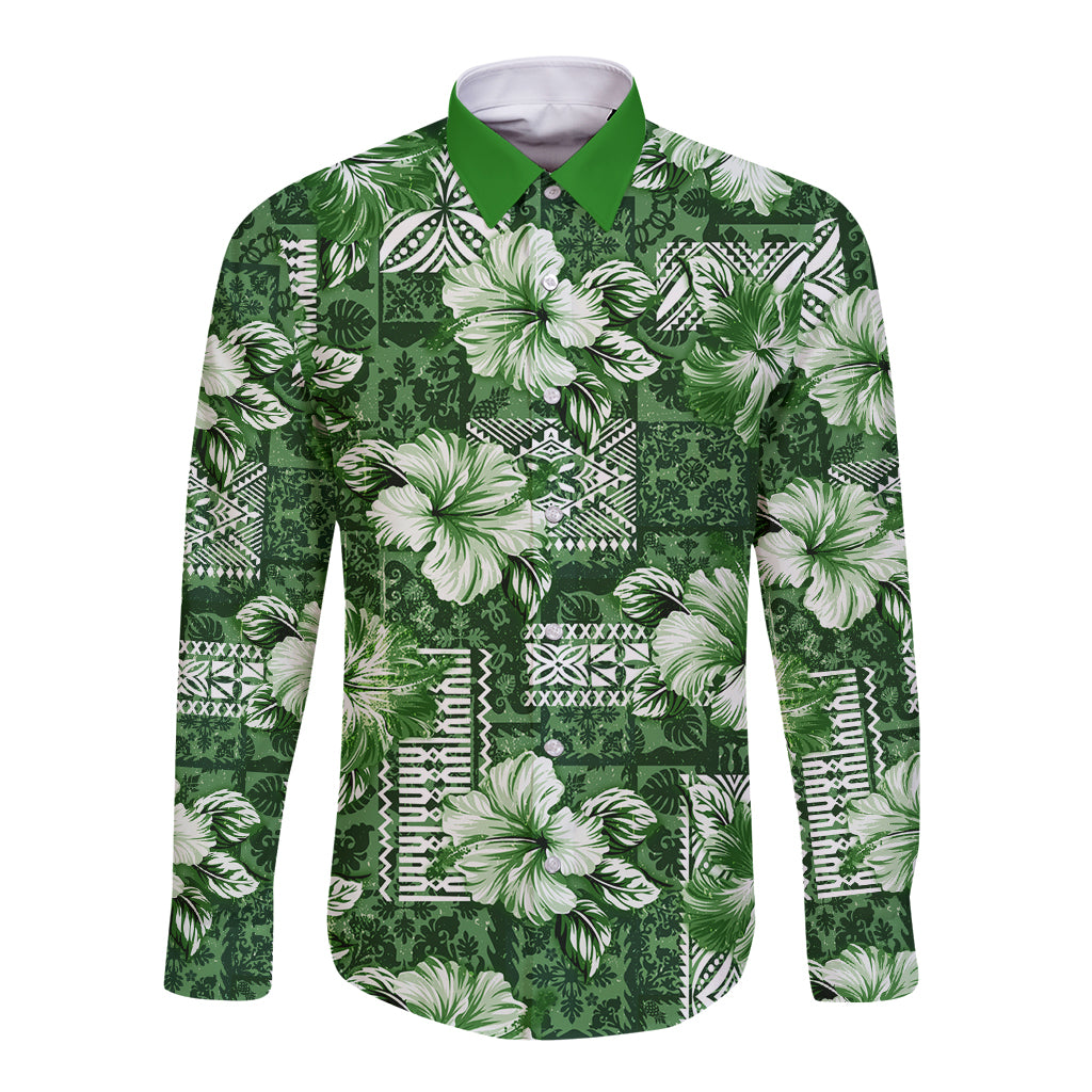 Hawaiian Quilt Pattern Long Sleeve Button Shirt Hibiscus and Tribal Element Vintage Green Vibe LT03 Unisex Green - Polynesian Pride