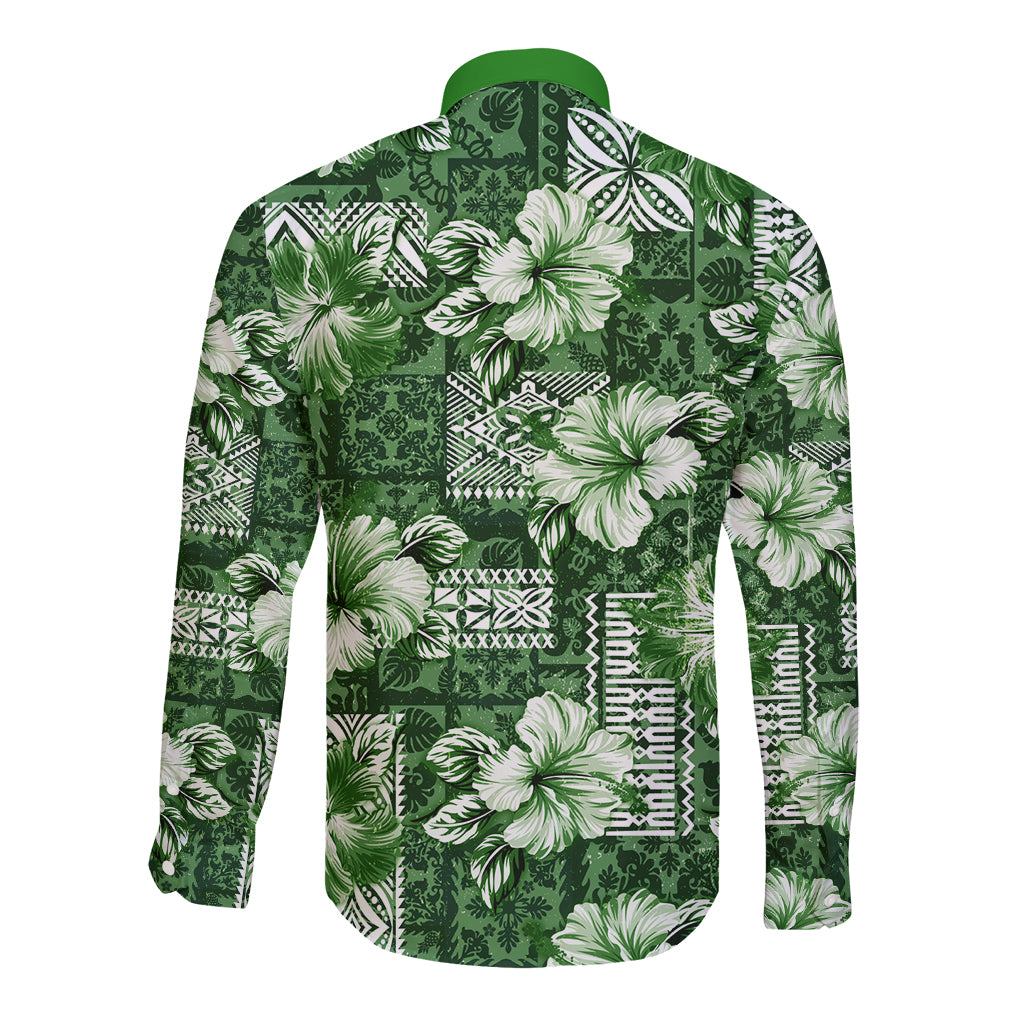 Hawaiian Quilt Pattern Long Sleeve Button Shirt Hibiscus and Tribal Element Vintage Green Vibe LT03 - Polynesian Pride