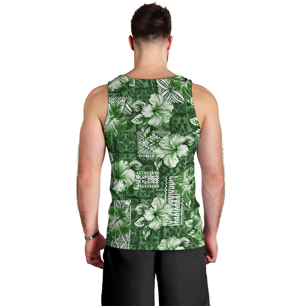 Hawaiian Quilt Pattern Men Tank Top Hibiscus and Tribal Element Vintage Green Vibe LT03 - Polynesian Pride