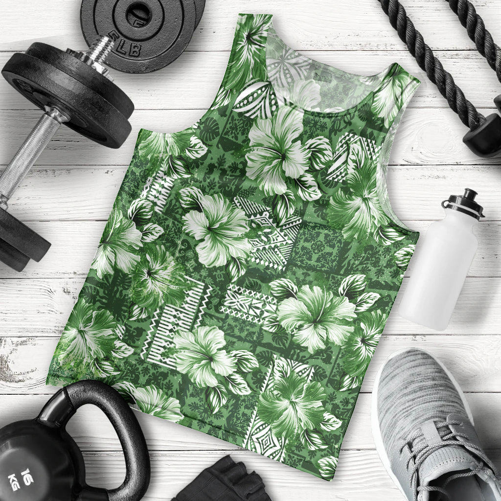 Hawaiian Quilt Pattern Men Tank Top Hibiscus and Tribal Element Vintage Green Vibe LT03 - Polynesian Pride