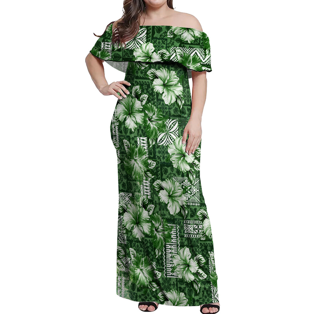 Hawaiian Quilt Pattern Off Shoulder Maxi Dress Hibiscus and Tribal Element Vintage Green Vibe LT03 Women Green - Polynesian Pride