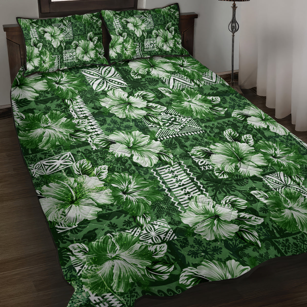 Hawaiian Quilt Pattern Quilt Bed Set Hibiscus and Tribal Element Vintage Green Vibe LT03 Green - Polynesian Pride
