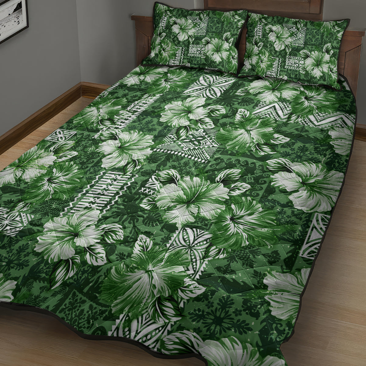 Hawaiian Quilt Pattern Quilt Bed Set Hibiscus and Tribal Element Vintage Green Vibe LT03 - Polynesian Pride