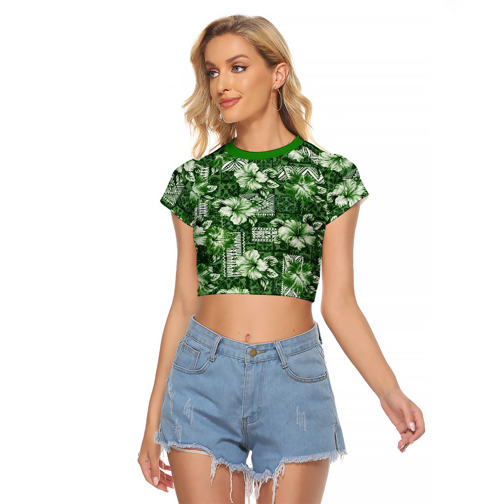 Hawaiian Quilt Pattern Raglan Cropped T Shirt Hibiscus and Tribal Element Vintage Green Vibe LT03 Female Green - Polynesian Pride