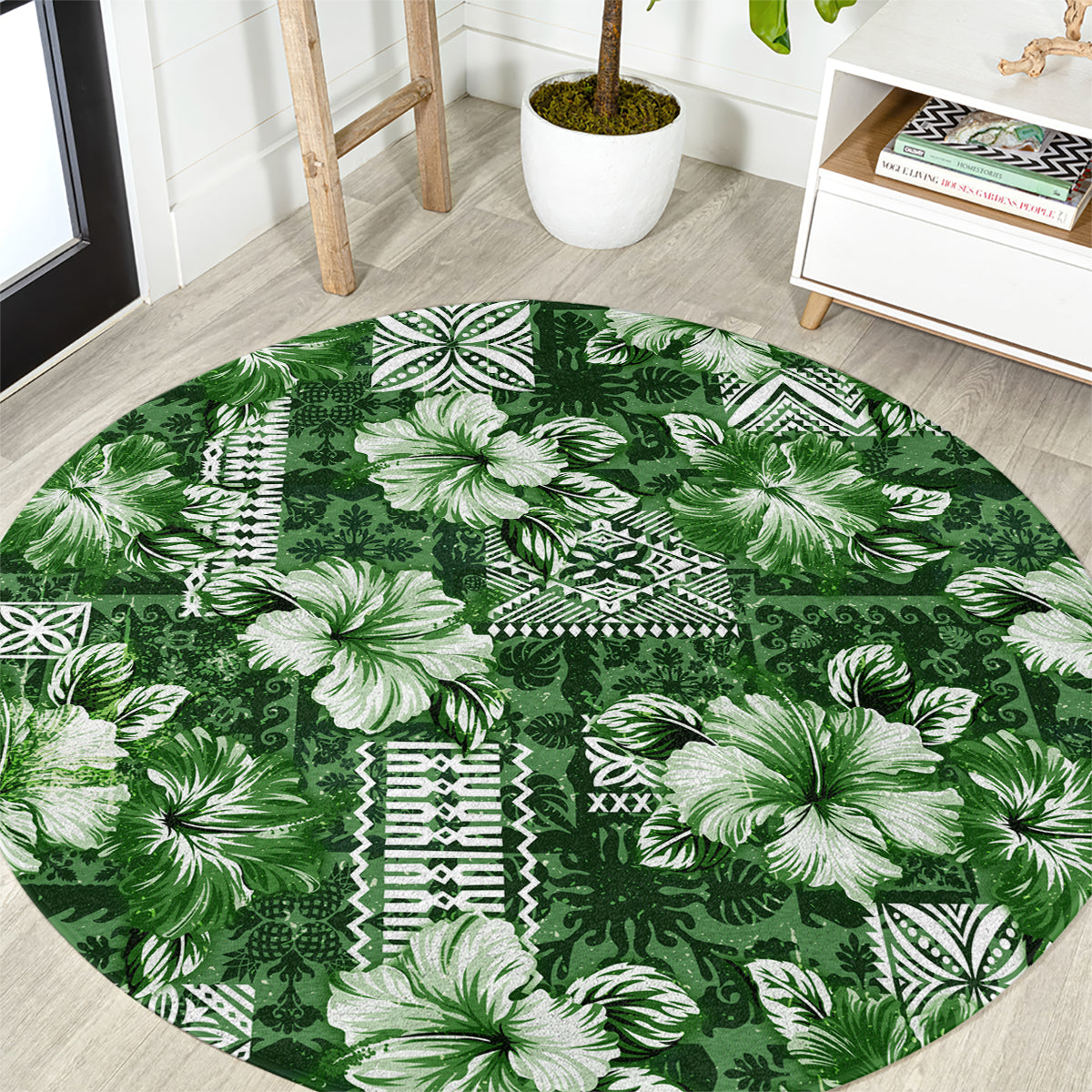 Hawaiian Quilt Pattern Round Carpet Hibiscus and Tribal Element Vintage Green Vibe LT03 Green - Polynesian Pride