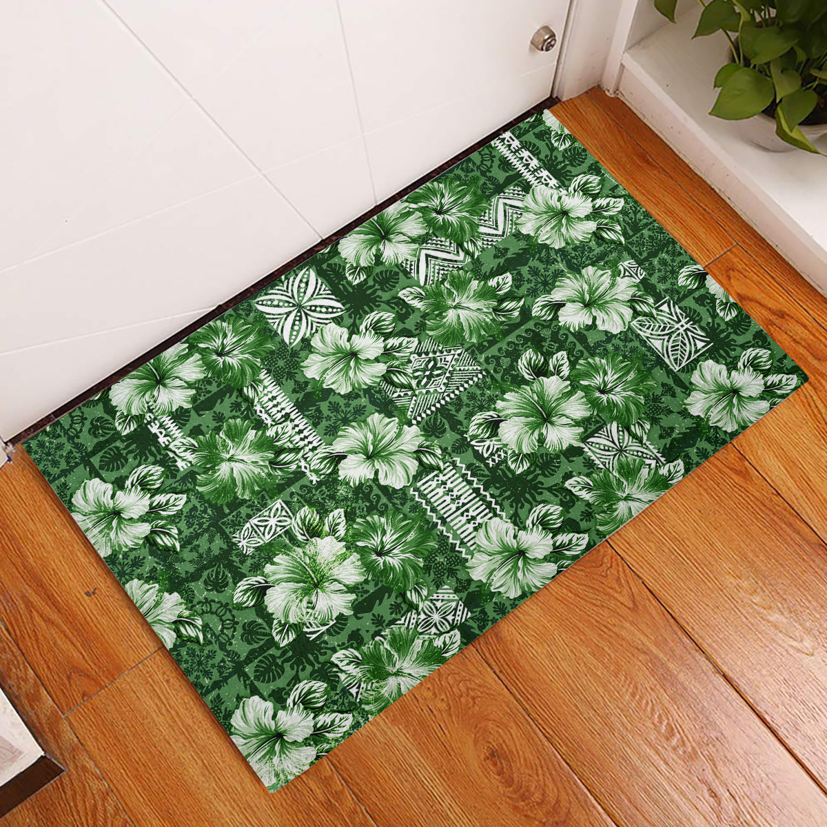 Hawaiian Quilt Pattern Rubber Doormat Hibiscus and Tribal Element Vintage Green Vibe LT03 Green - Polynesian Pride